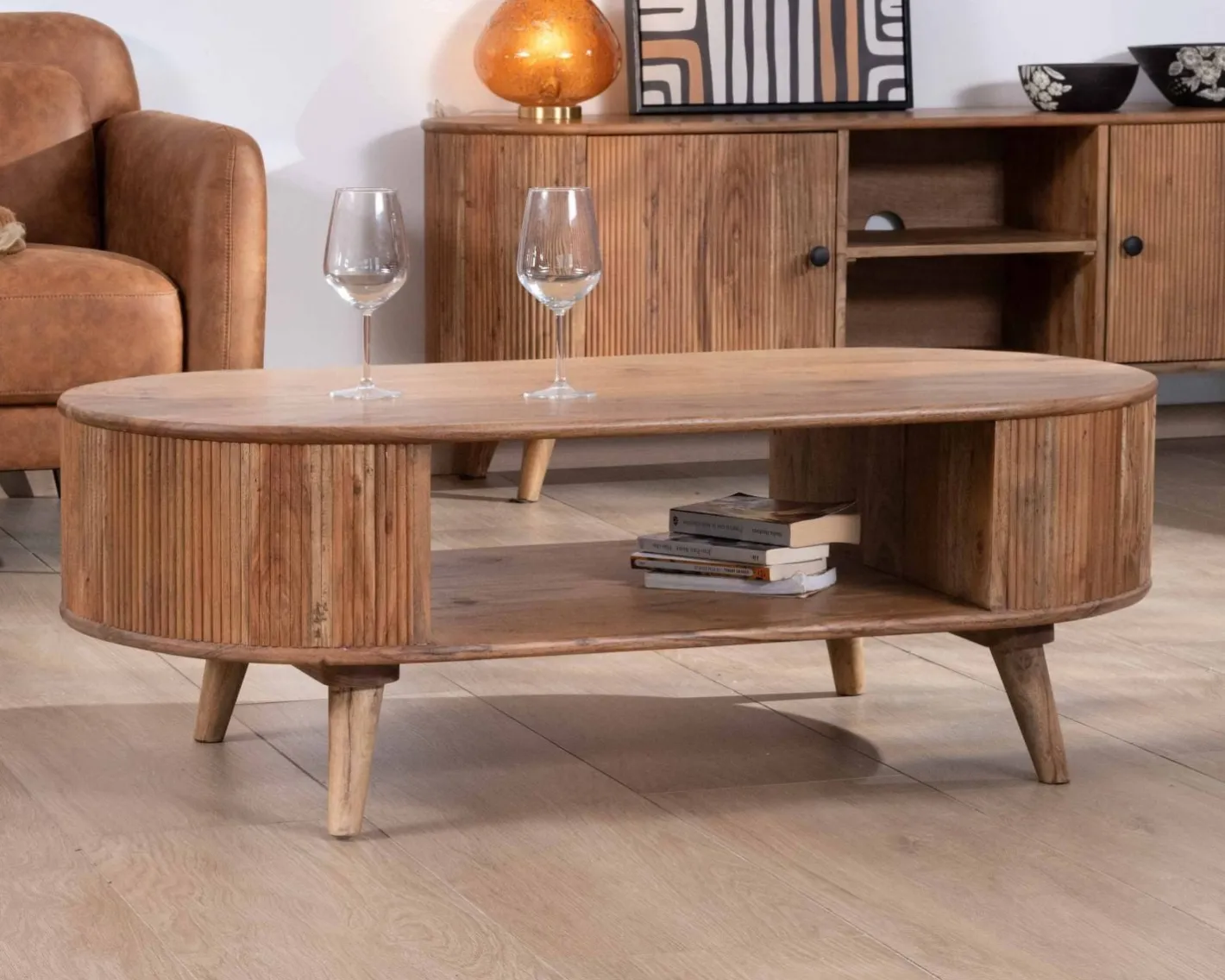 New Table de salon design arrondi vintage en acacia "Boomer" Table Basse Ovale Ou Ronde