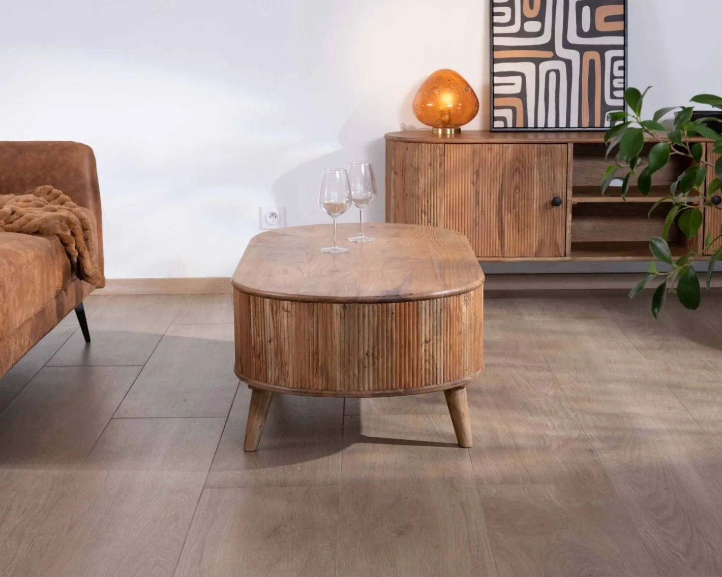 New Table de salon design arrondi vintage en acacia "Boomer" Table Basse Ovale Ou Ronde