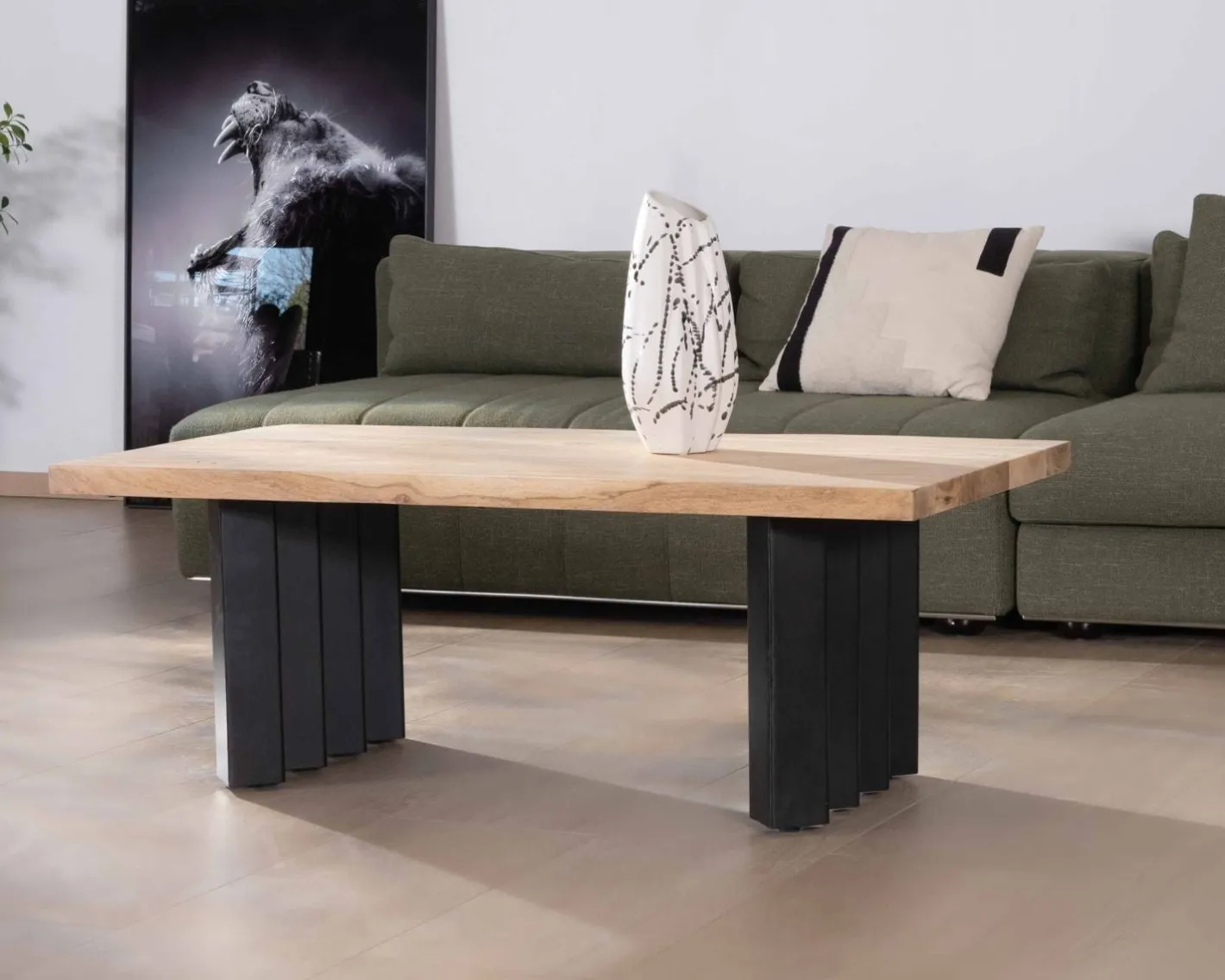 Discount Table de salon design en acacia naturel et pieds métal plissés "Audacio" Table Basse Rectangulaire