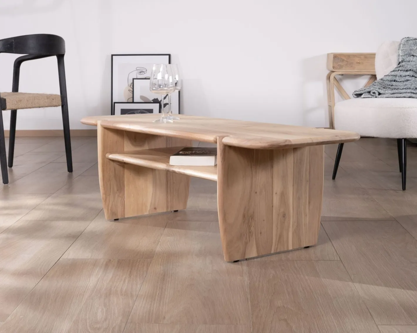 Clearance Table de salon design épuré en acacia avec niche "Trudy" 120 cm Table Basse Rectangulaire