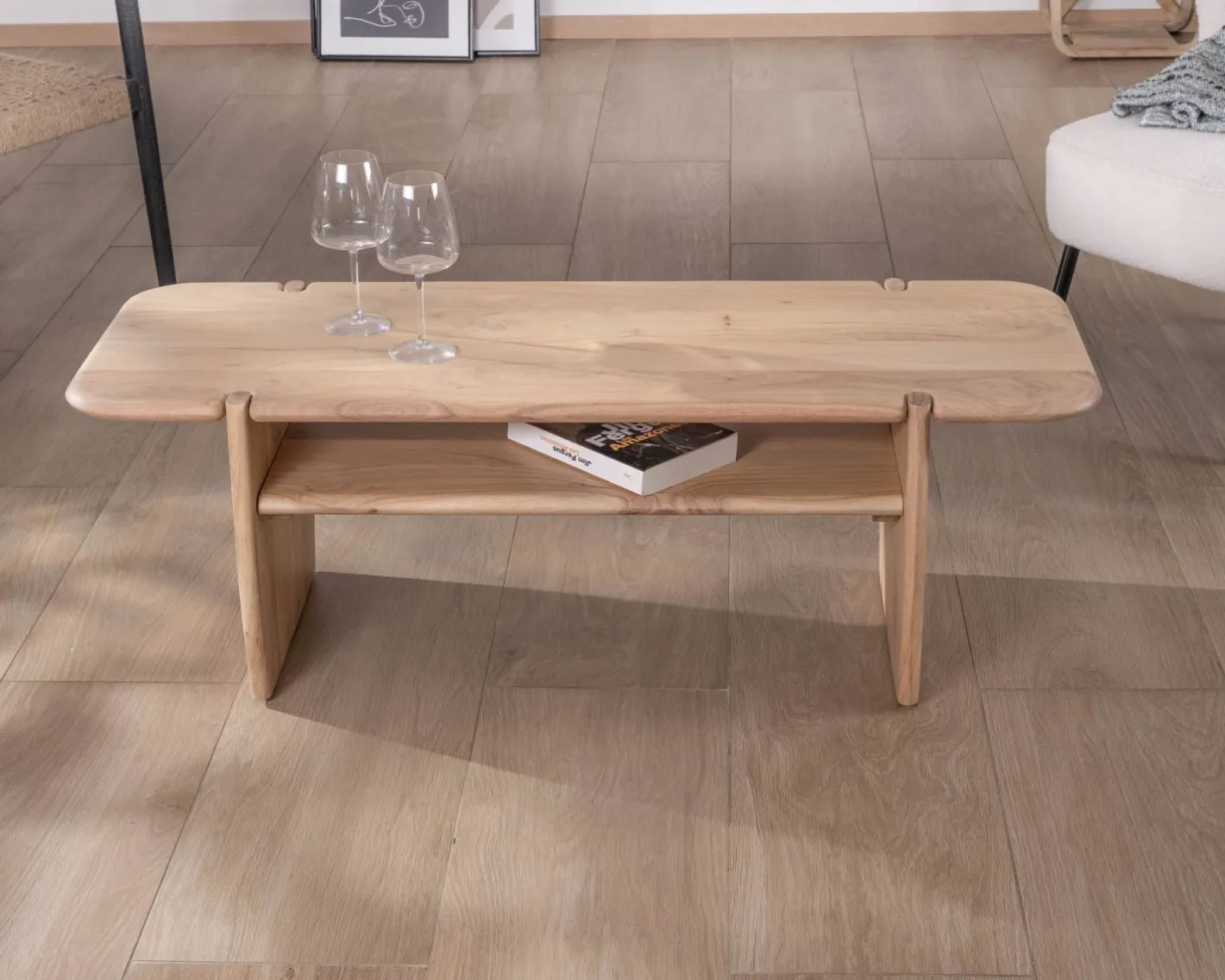 Clearance Table de salon design épuré en acacia avec niche "Trudy" 120 cm Table Basse Rectangulaire
