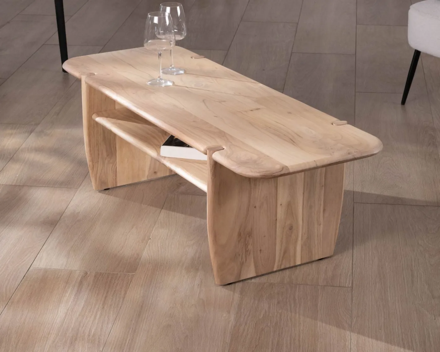 Clearance Table de salon design épuré en acacia avec niche "Trudy" 120 cm Table Basse Rectangulaire