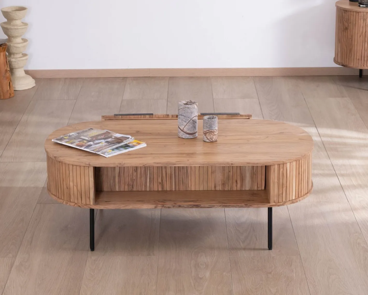 Clearance Table de salon ovale design newtro avec grand tiroir traversant "Bopee" Table Basse Ovale Ou Ronde
