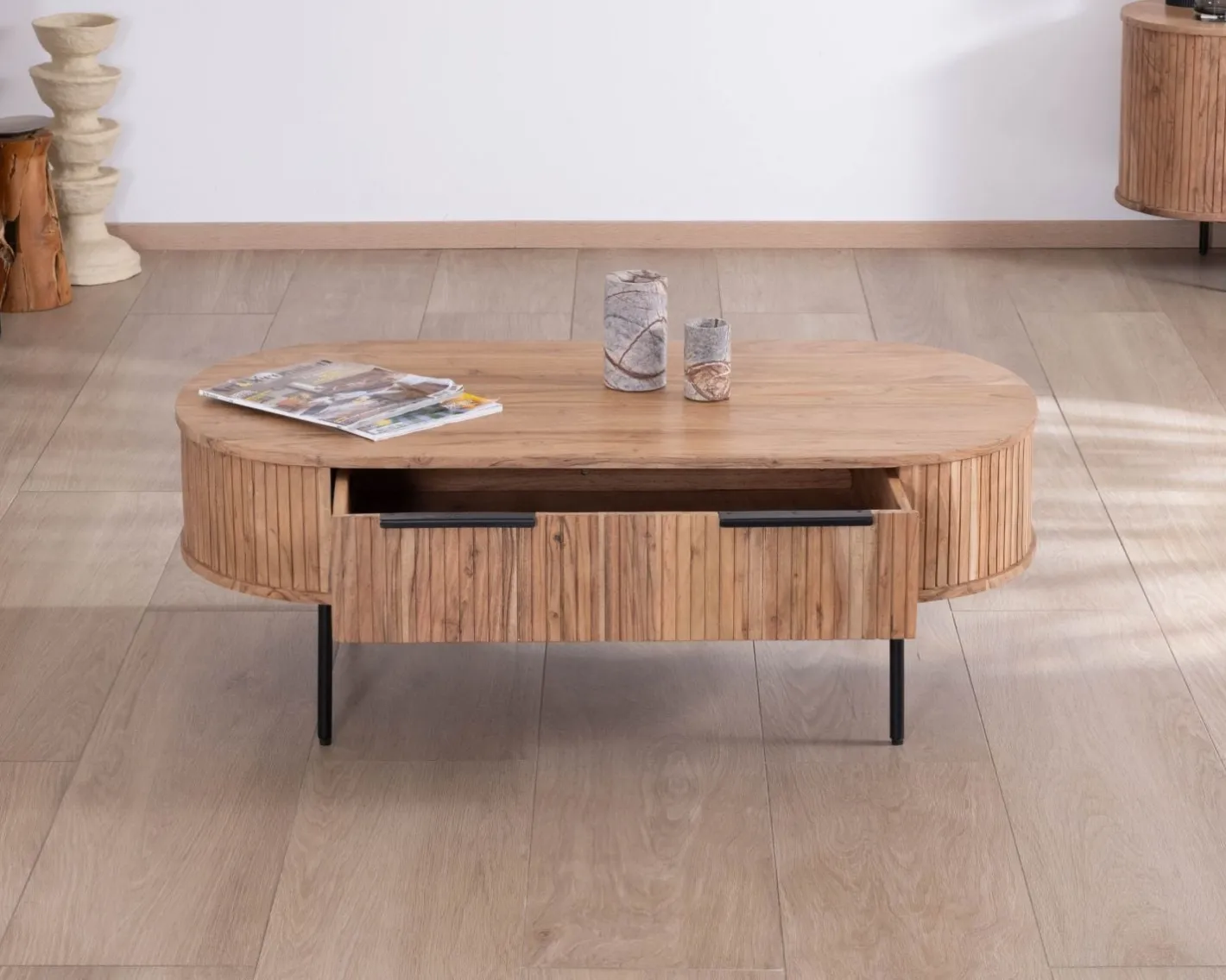 Clearance Table de salon ovale design newtro avec grand tiroir traversant "Bopee" Table Basse Ovale Ou Ronde