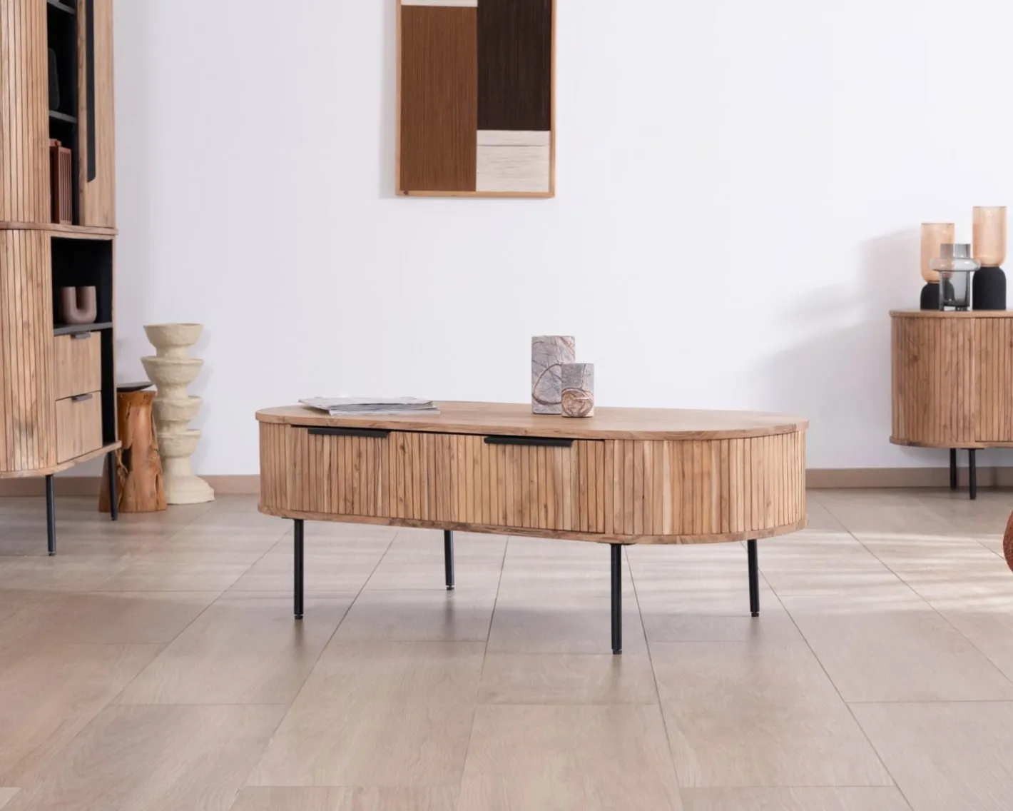Clearance Table de salon ovale design newtro avec grand tiroir traversant "Bopee" Table Basse Ovale Ou Ronde