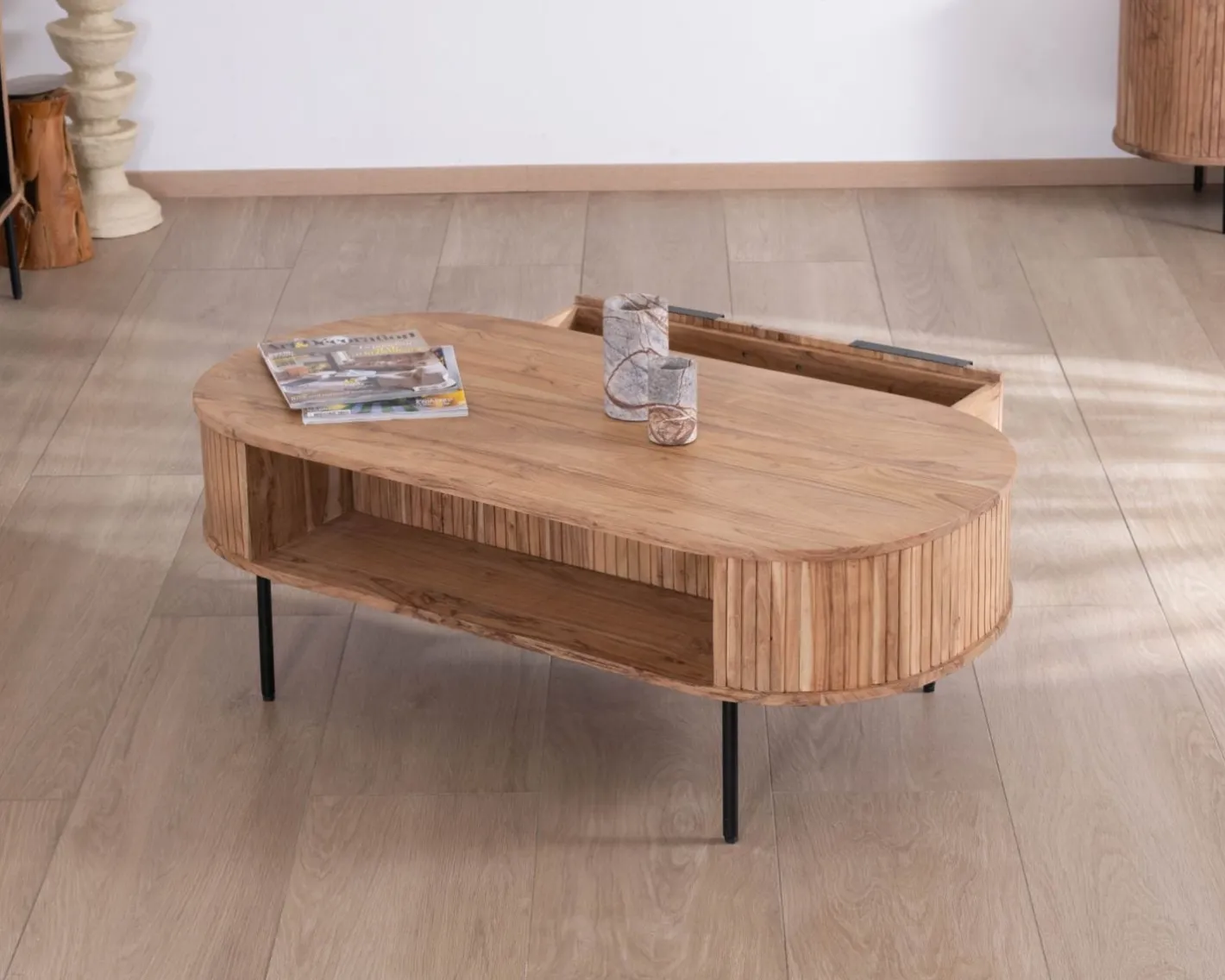 Clearance Table de salon ovale design newtro avec grand tiroir traversant "Bopee" Table Basse Ovale Ou Ronde