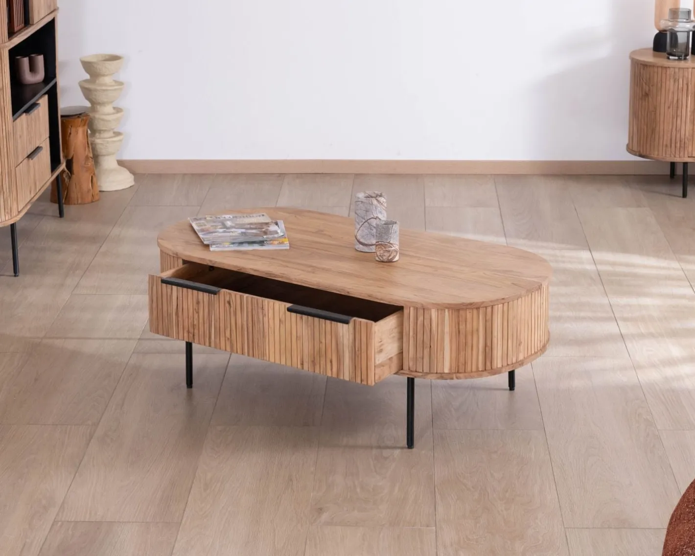 Clearance Table de salon ovale design newtro avec grand tiroir traversant "Bopee" Table Basse Ovale Ou Ronde