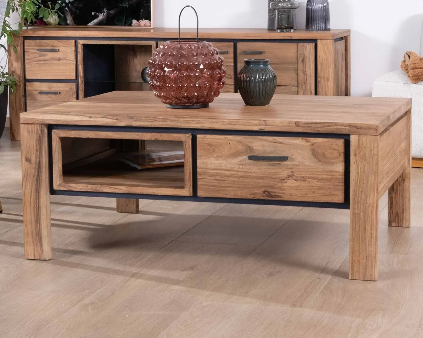 New Table de salon rectangulaire recto-verso acacia massif avec tiroirs et contour noirs "Fantaisie" 110cm Table Basse Rectangulaire