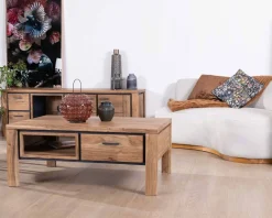 New Table de salon rectangulaire recto-verso acacia massif avec tiroirs et contour noirs