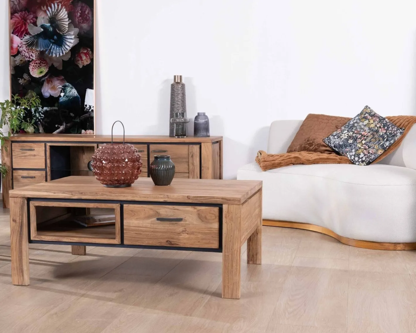 New Table de salon rectangulaire recto-verso acacia massif avec tiroirs et contour noirs "Fantaisie" 110cm Table Basse Rectangulaire