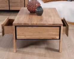 New Table de salon rectangulaire recto-verso acacia massif avec tiroirs et contour noirs