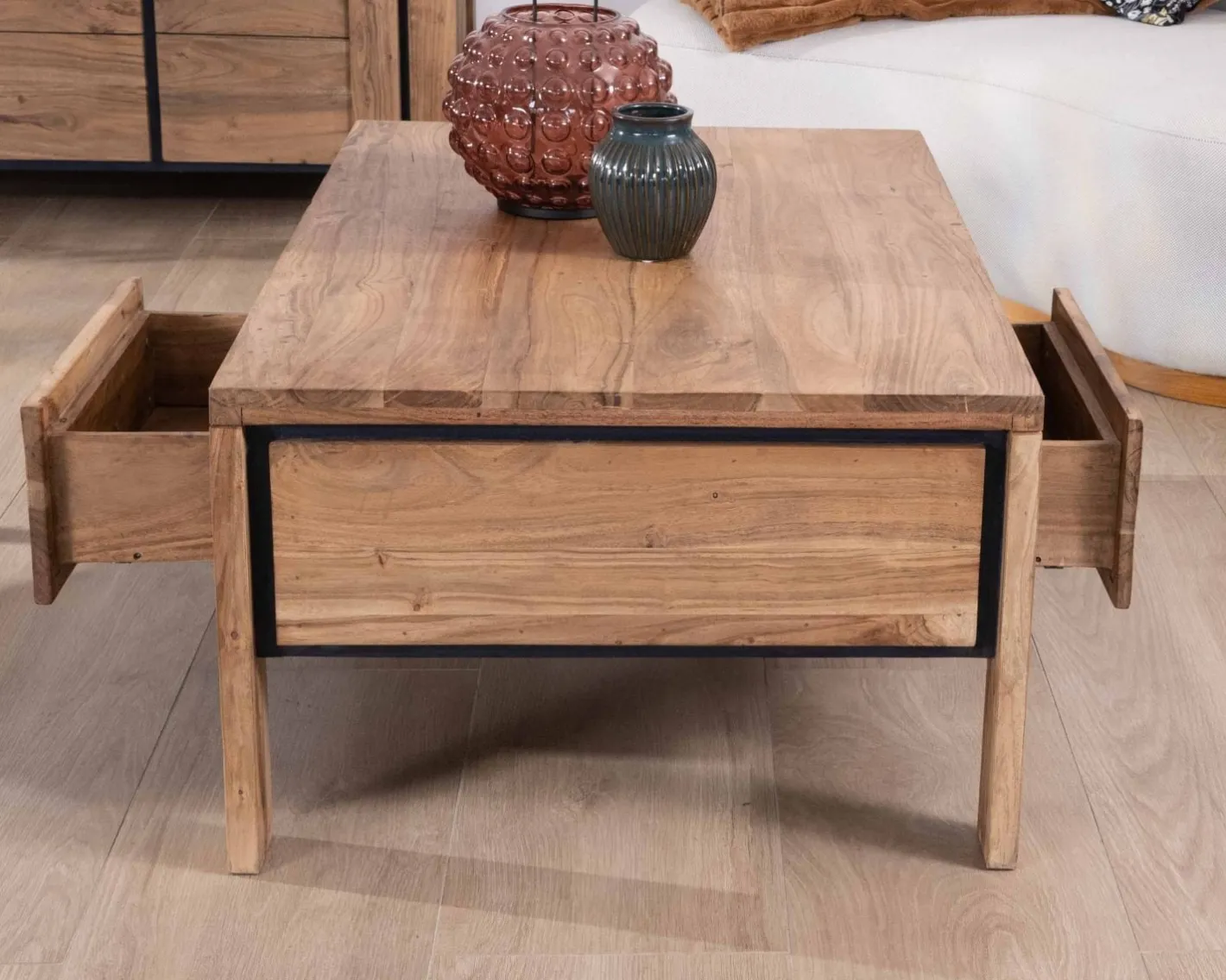 New Table de salon rectangulaire recto-verso acacia massif avec tiroirs et contour noirs "Fantaisie" 110cm Table Basse Rectangulaire