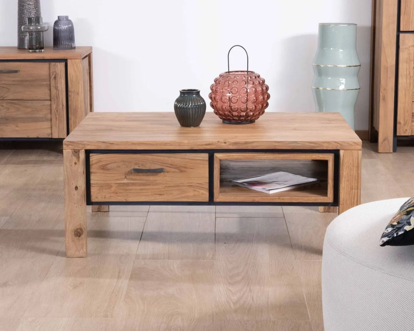 New Table de salon rectangulaire recto-verso acacia massif avec tiroirs et contour noirs "Fantaisie" 110cm Table Basse Rectangulaire