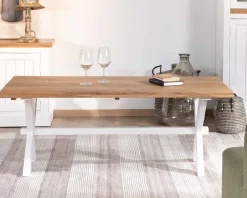 Sale Table de salon rectangulaire en acacia et pied blanc style champêtre "Trégastel" Table Basse Rectangulaire