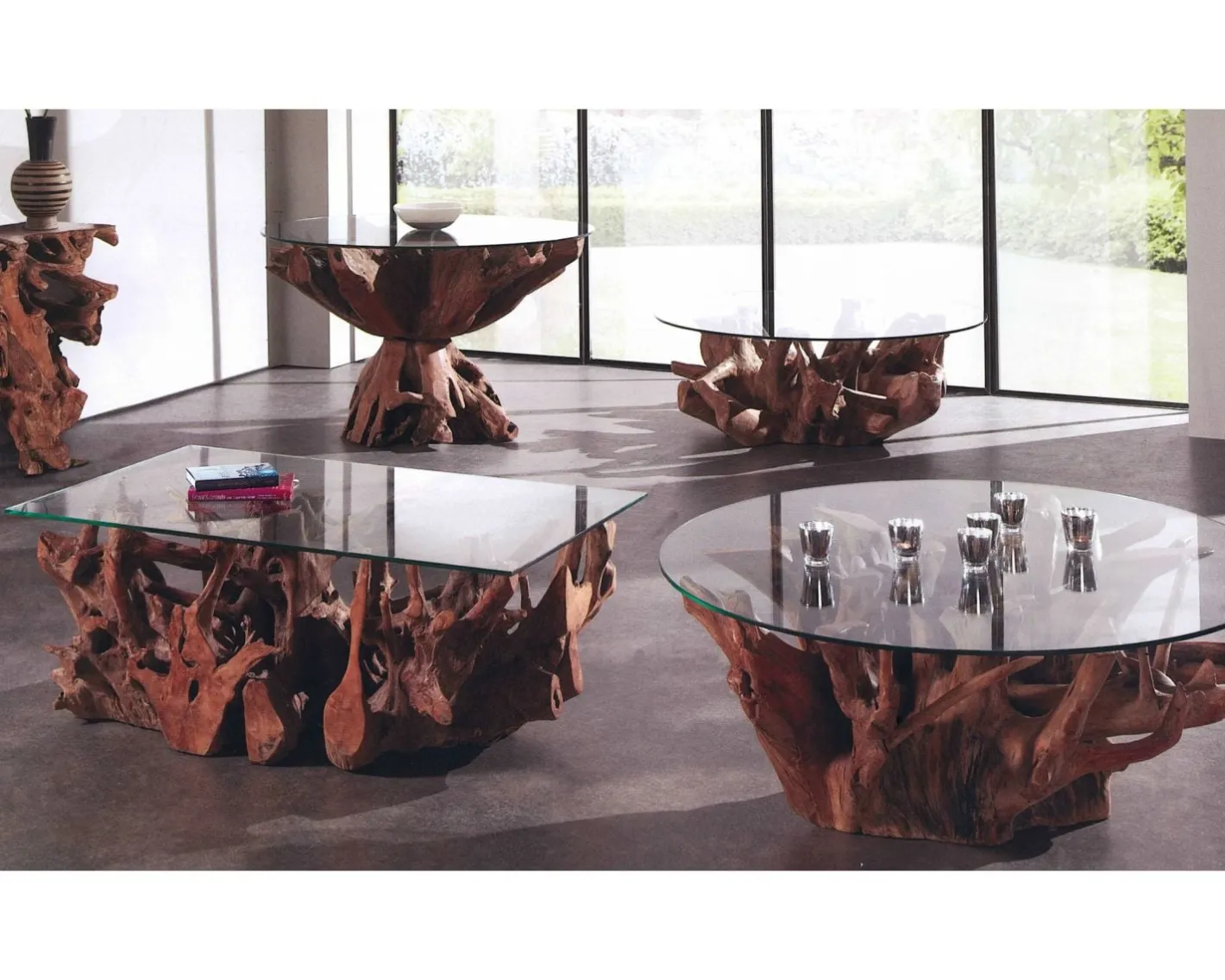 Table de salon rectangulaire racine en teck et plateau en verre "Roots" Table Basse Rectangulaire