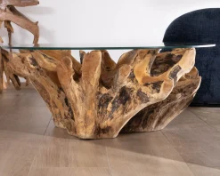 Best Table de salon ronde 110 cm en racine de teck massive avec plateau verre "Kanoa" Table Basse Ovale Ou Ronde