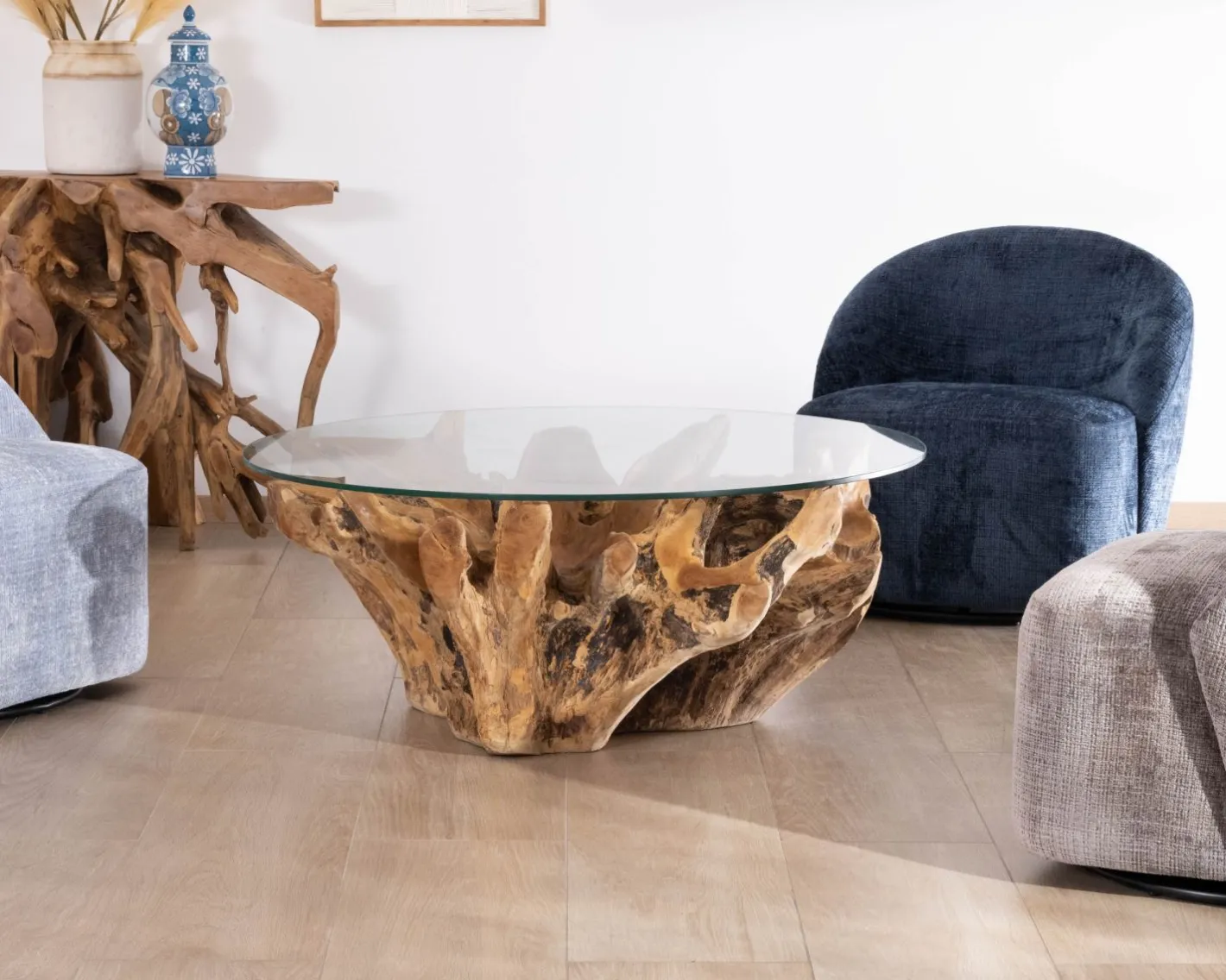 Best Table de salon ronde 110 cm en racine de teck massive avec plateau verre "Kanoa" Table Basse Ovale Ou Ronde
