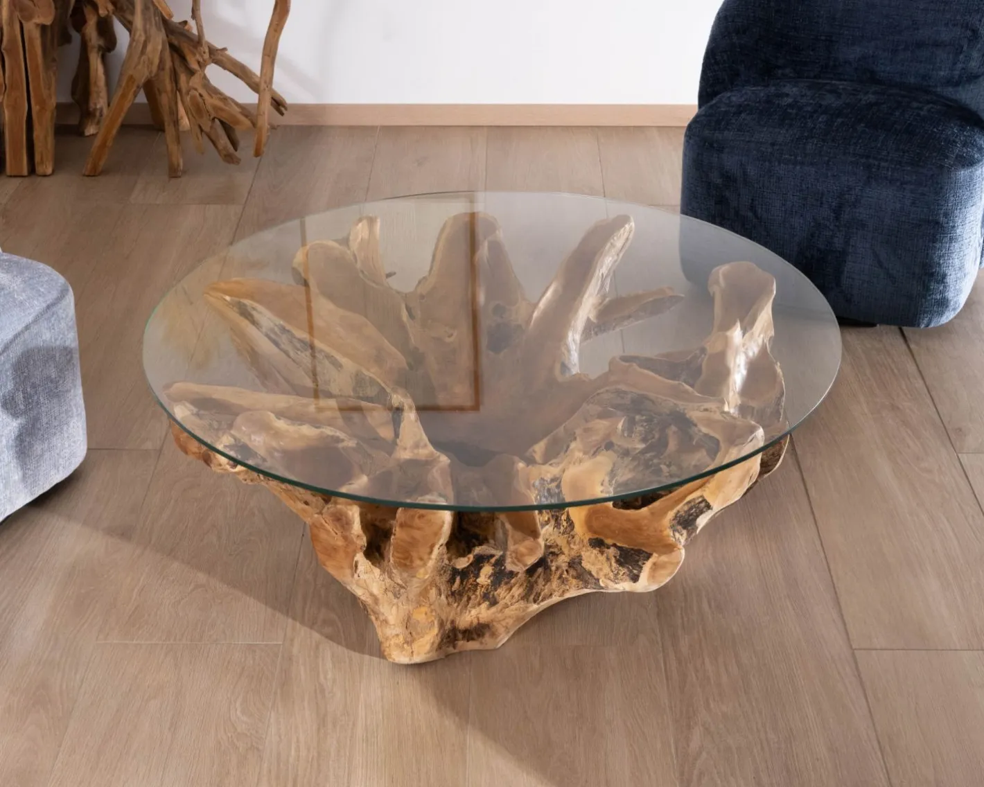 Best Table de salon ronde 110 cm en racine de teck massive avec plateau verre "Kanoa" Table Basse Ovale Ou Ronde