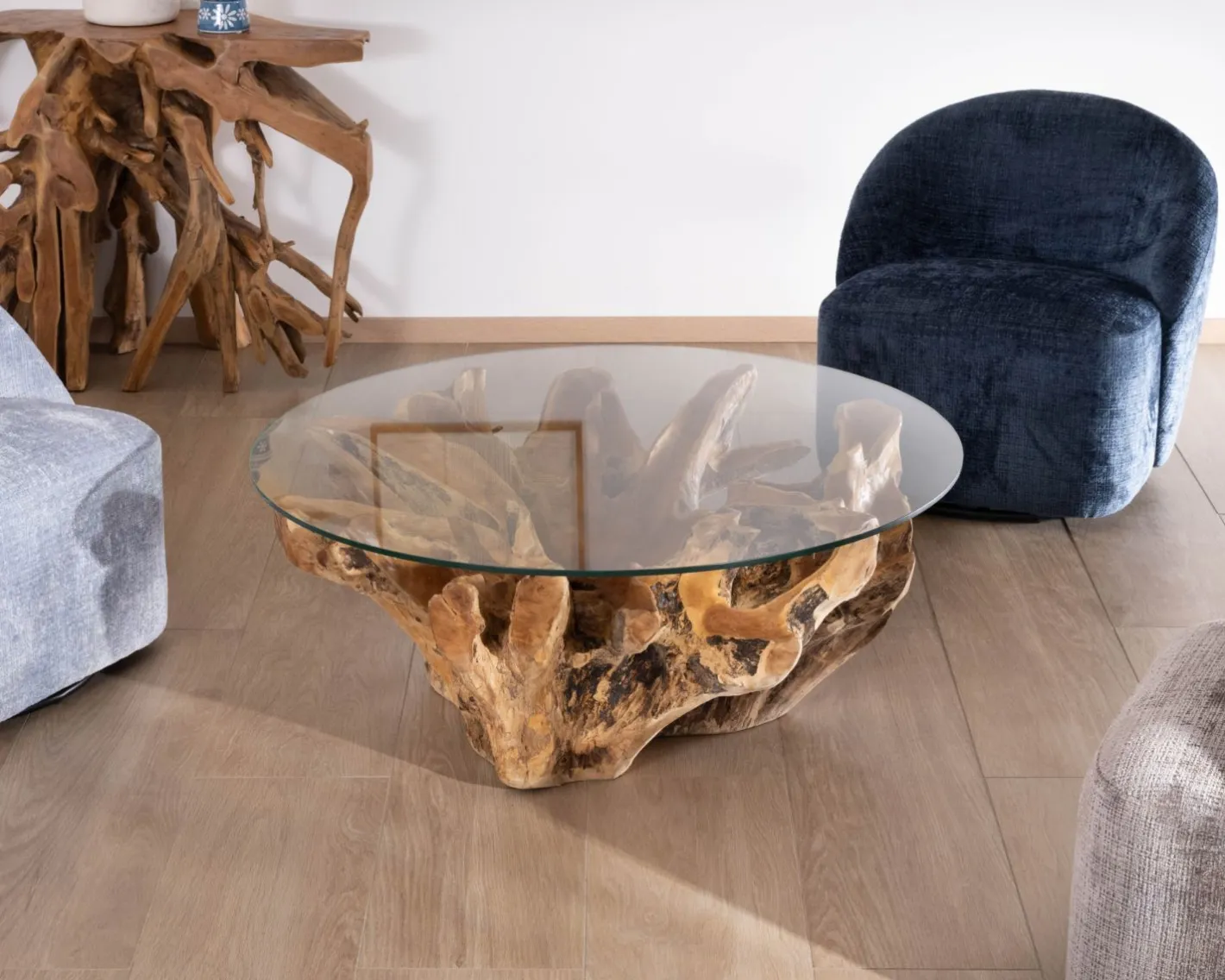Best Table de salon ronde 110 cm en racine de teck massive avec plateau verre "Kanoa" Table Basse Ovale Ou Ronde
