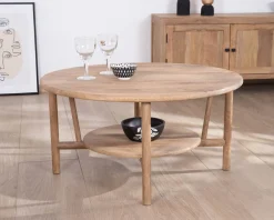 Discount Table de salon ronde à double plateau en manguier "Plume" Diamètre 90 cm Table Basse Ovale Ou Ronde