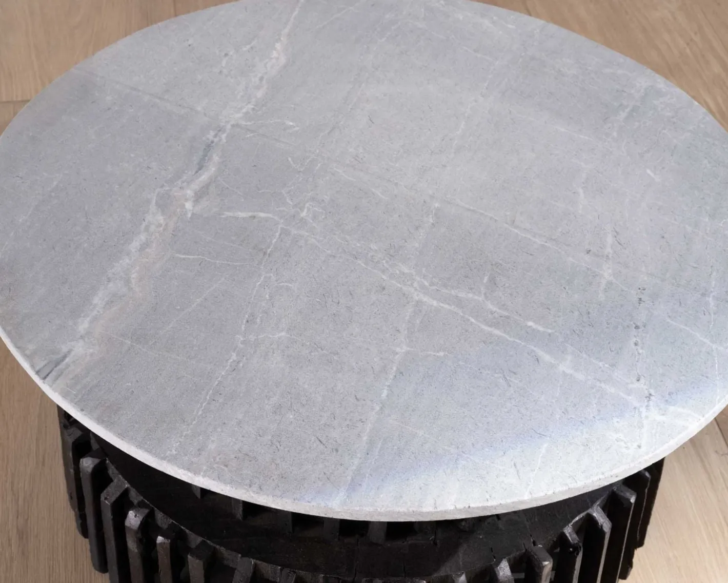 Online Table de salon ronde en bois recyclé et plateau en pierre claire "Népalaise" Table Basse Ovale Ou Ronde