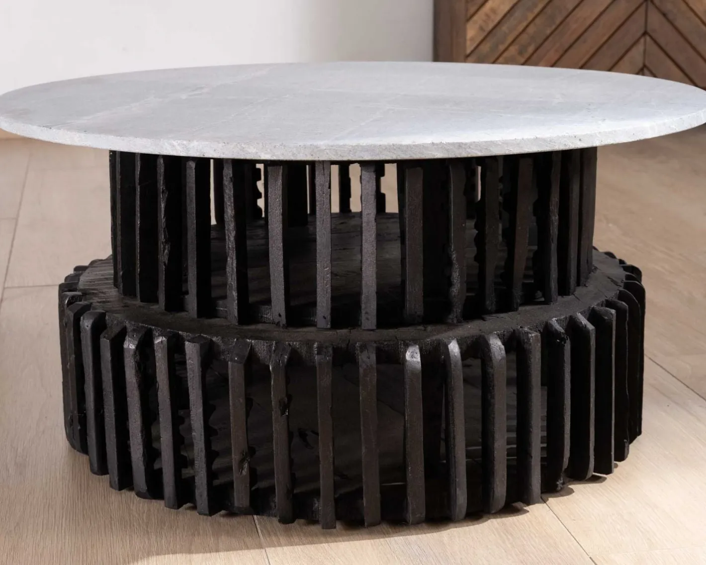 Online Table de salon ronde en bois recyclé et plateau en pierre claire "Népalaise" Table Basse Ovale Ou Ronde
