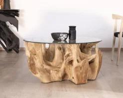 Table de salon ronde en racine de teck naturel avec plateau verre "Jungle" Table Basse Ovale Ou Ronde