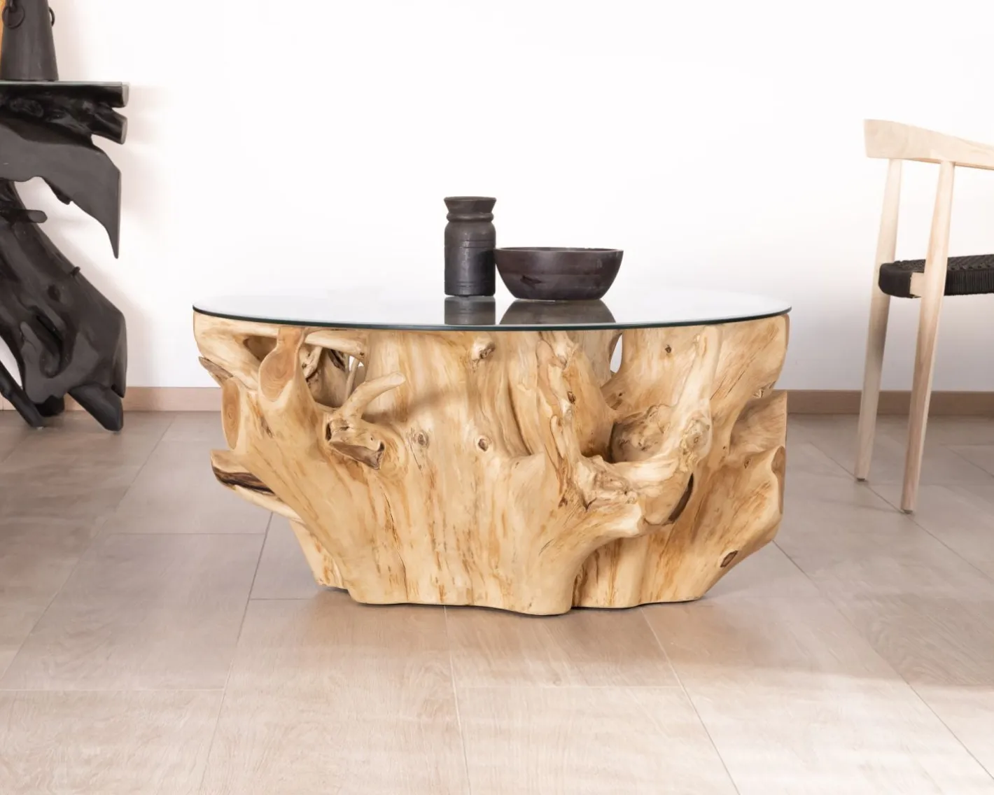 Table de salon ronde en racine de teck naturel avec plateau verre "Jungle" Table Basse Ovale Ou Ronde
