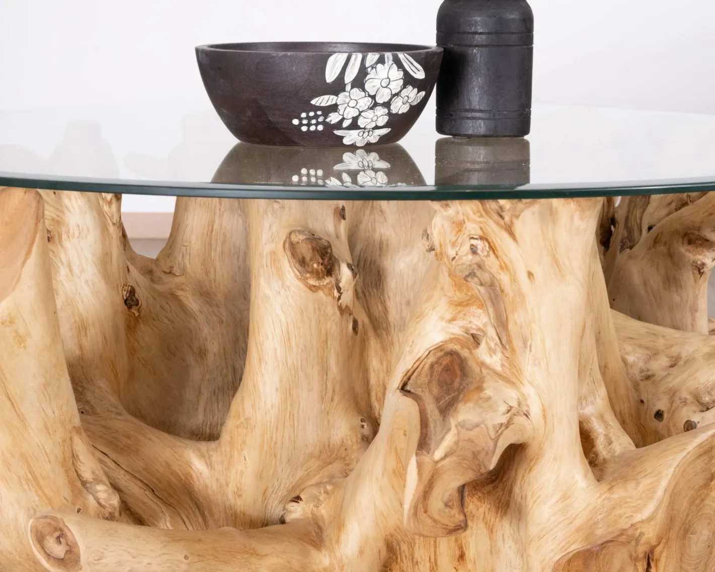 Table de salon ronde en racine de teck naturel avec plateau verre "Jungle" Table Basse Ovale Ou Ronde