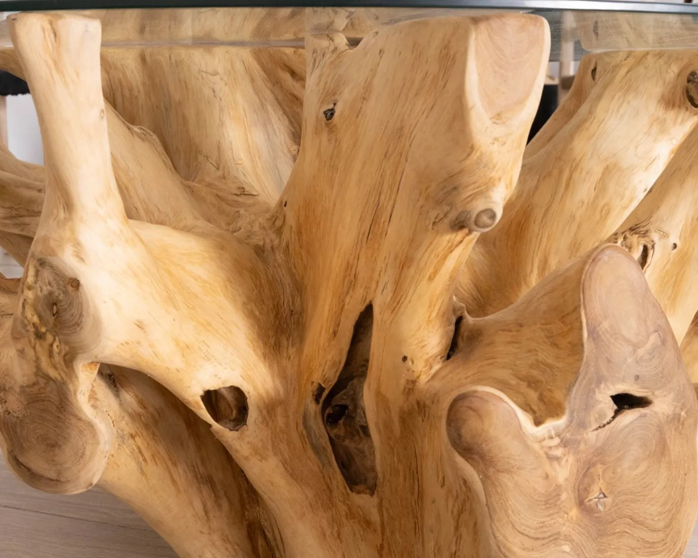 Table de salon ronde en racine de teck naturel avec plateau verre "Jungle" Table Basse Ovale Ou Ronde