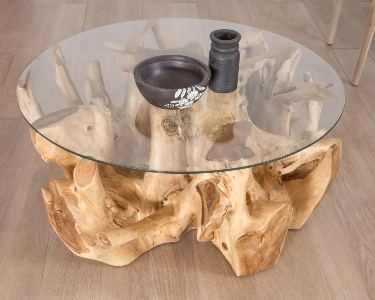 Table de salon ronde en racine de teck naturel avec plateau verre "Jungle" Table Basse Ovale Ou Ronde