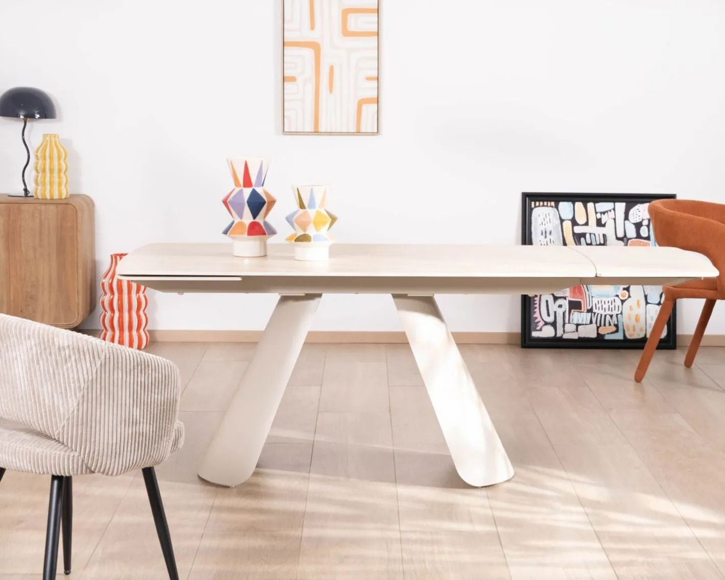 Discount Table extensible 160 à 240 cm rétro chic "Amarello" en pierre frittée et métal champagne Table À Manger Rectangulaire