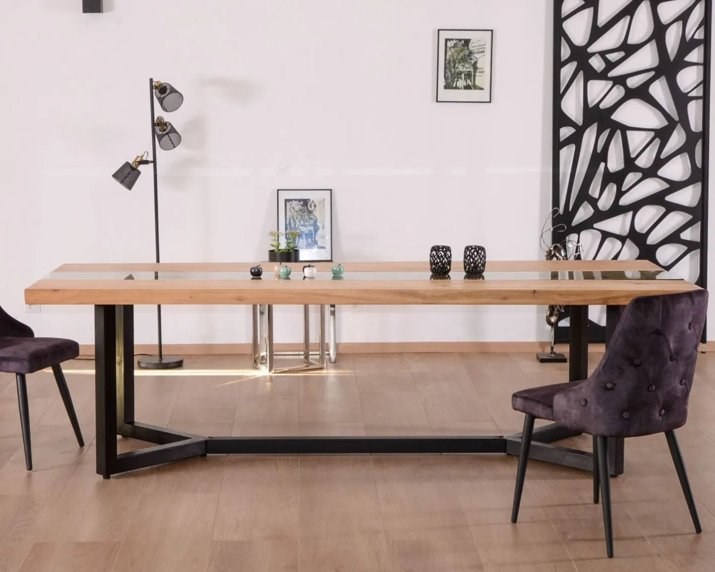 Table à manger contemporaine métal, bois et verre "Cassiopée" 280 cm Table À Manger Rectangulaire