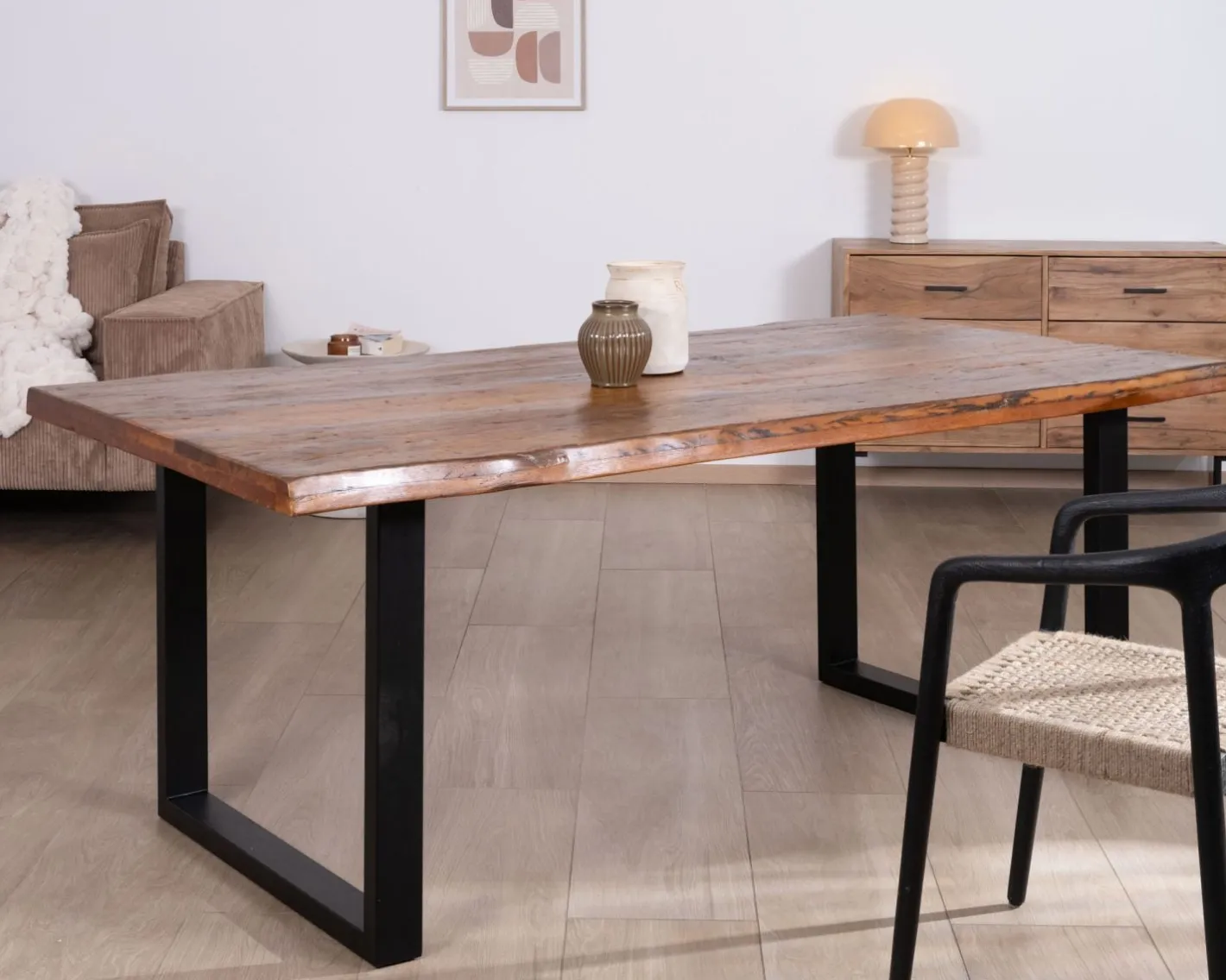 Best Table à manger en bois recyclé et pieds métal noir en U "Alésia" 200 cm Table À Manger Rectangulaire