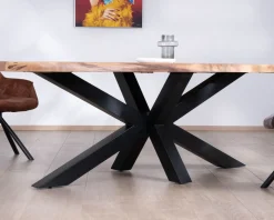 Sale Table à manger haut de gamme plateau bois épais pieds métal 