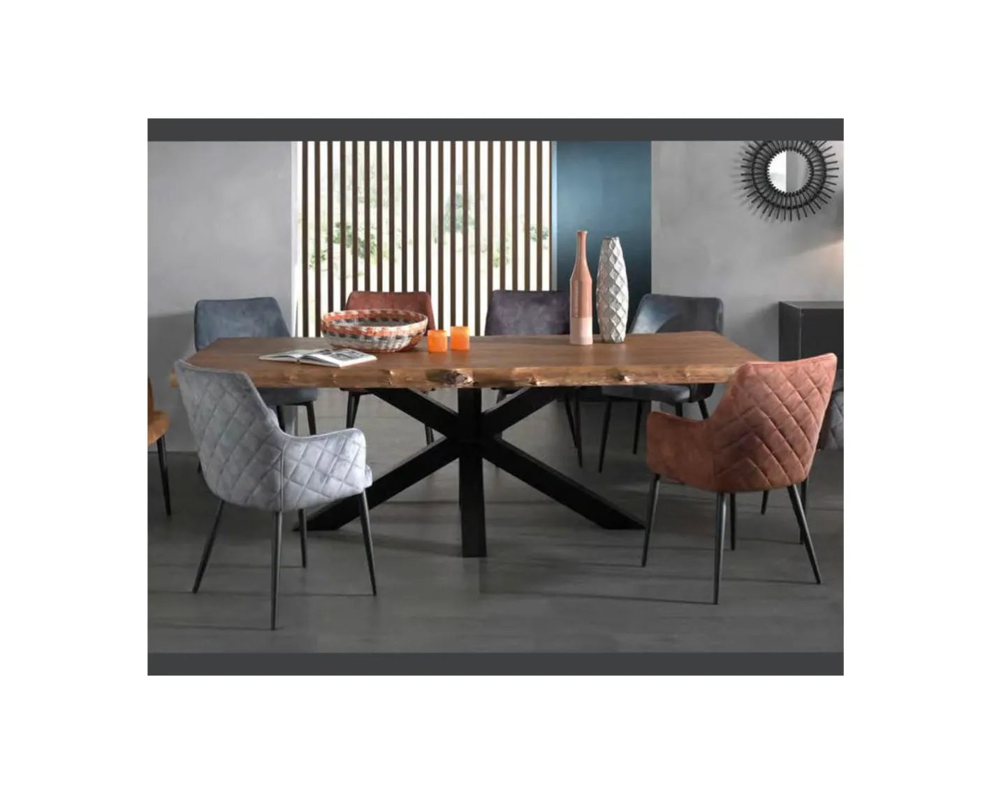 Table à manger plateau teck massif recyclé pieds étoile en métal "Valley" 240cm Table À Manger Rectangulaire