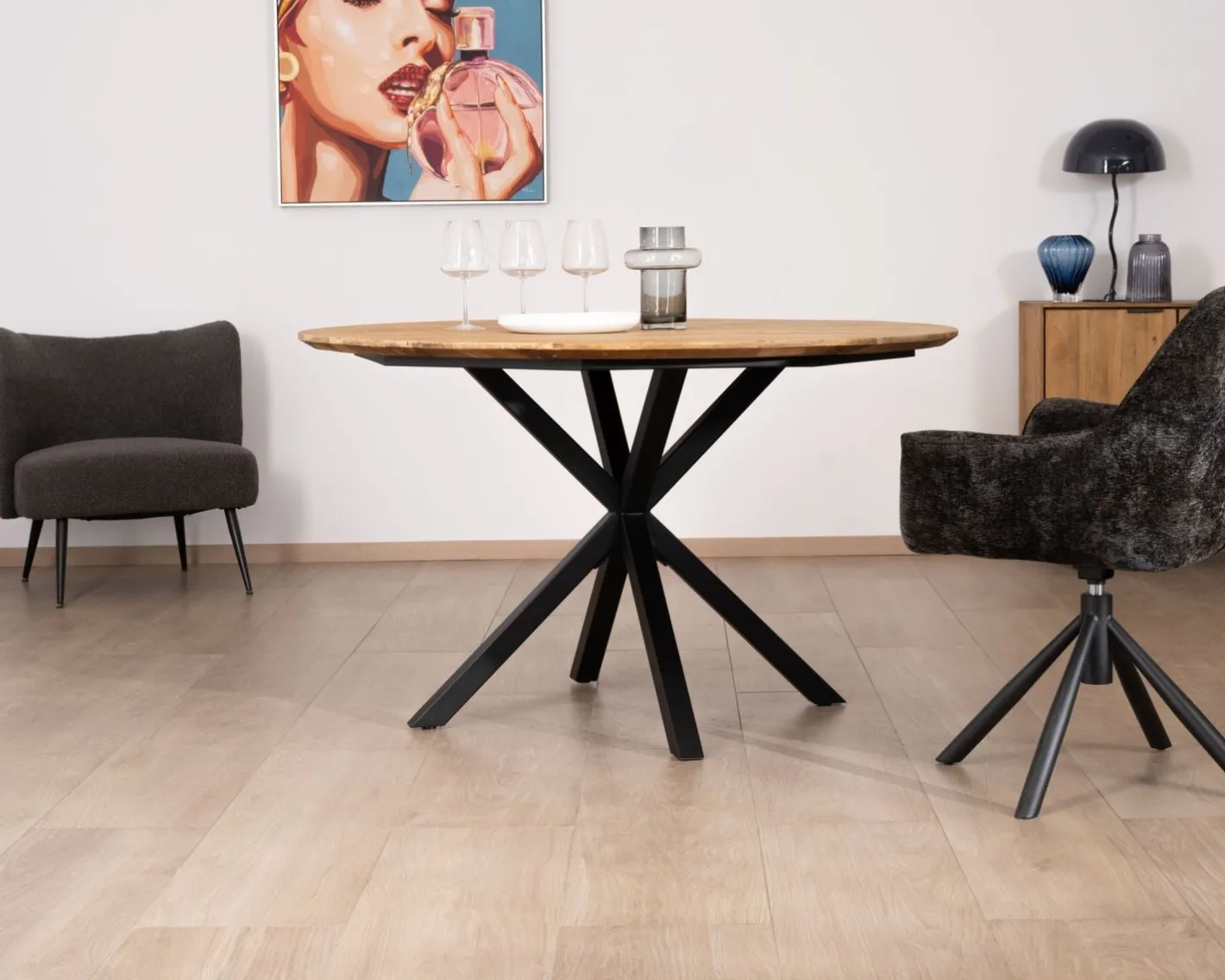 Table à manger ronde en teck recyclé et pieds mikado "Bahia" 130 cm Table À Manger Ronde Ou Ovale