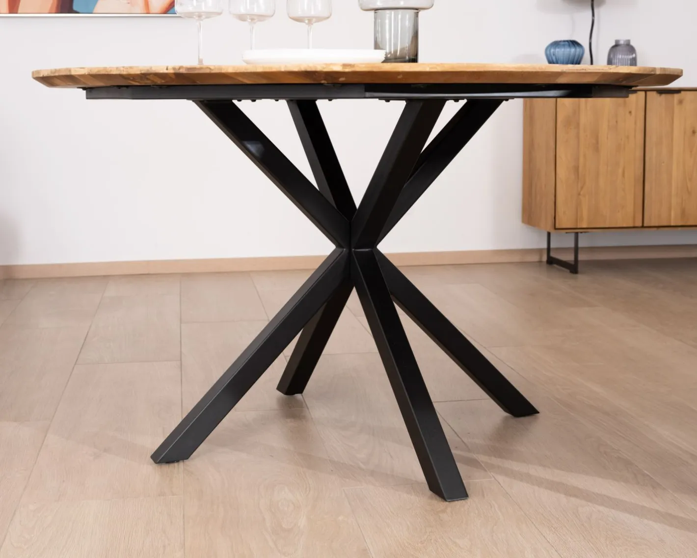 Table à manger ronde en teck recyclé et pieds mikado "Bahia" 130 cm Table À Manger Ronde Ou Ovale