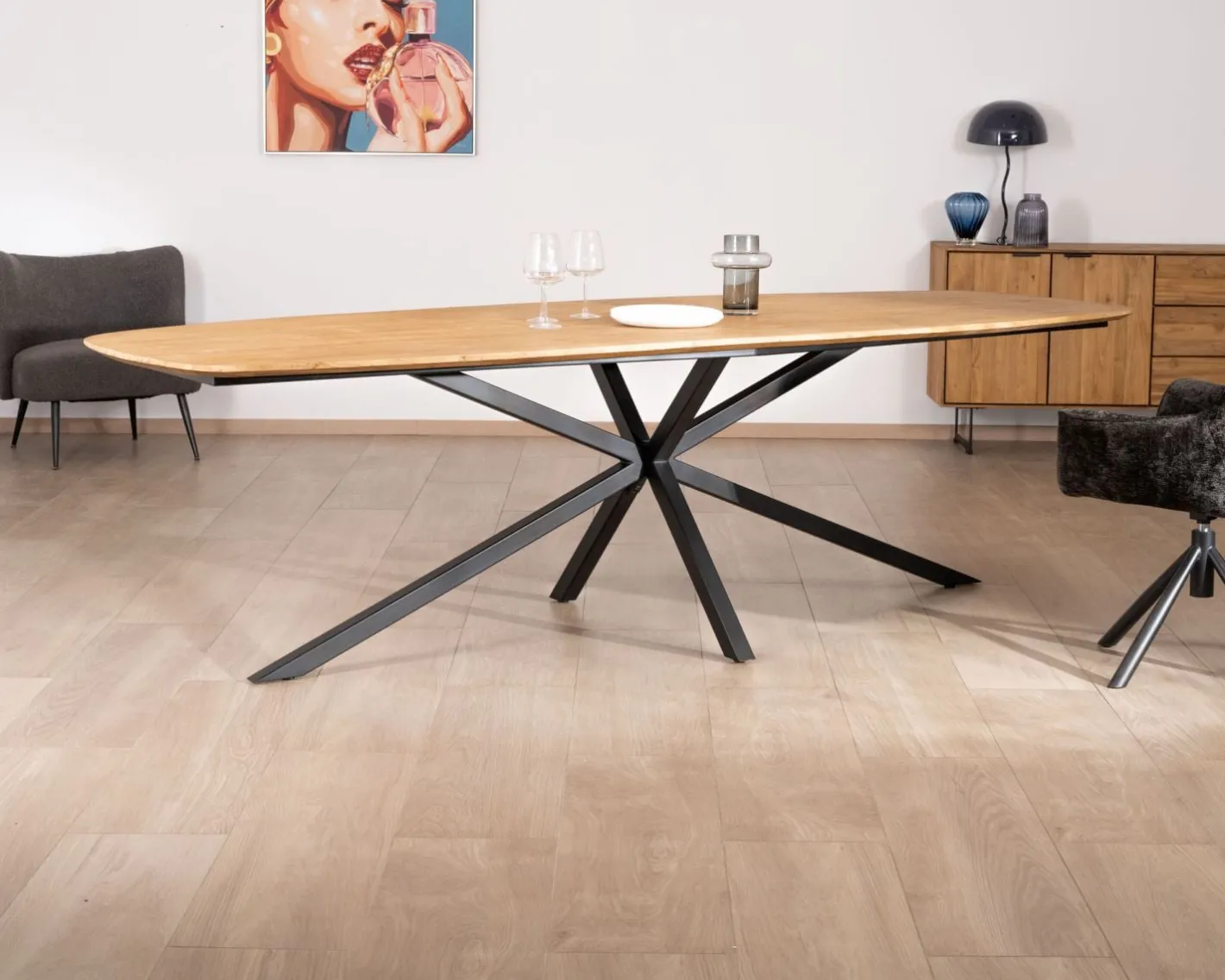 Hot Table à manger XXL 280 cm en teck recyclé et pieds mikado "Bahia" forme bateau Table À Manger Rectangulaire