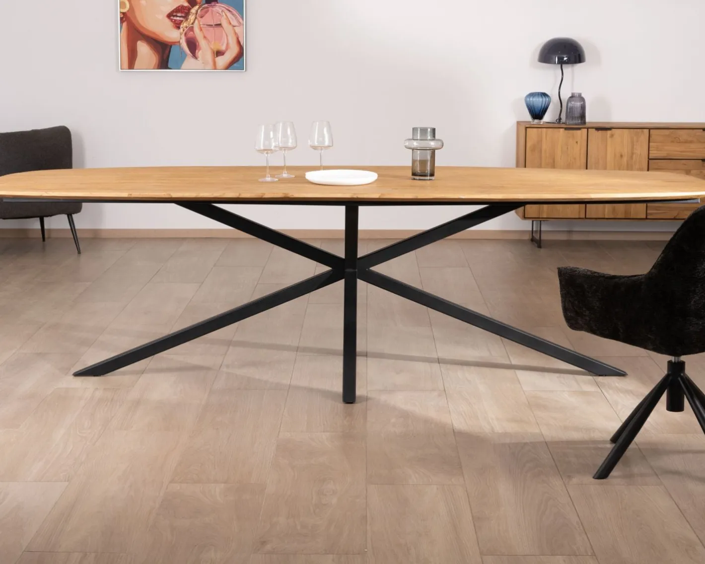 Hot Table à manger XXL 280 cm en teck recyclé et pieds mikado "Bahia" forme bateau Table À Manger Rectangulaire