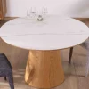 Discount Table ronde 120 cm plateau céramique blanc effet marbre "Oria" piètement aspect chêne Table À Manger Ronde Ou Ovale