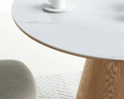 Discount Table ronde 120 cm plateau céramique blanc effet marbre "Oria" piètement aspect chêne Table À Manger Ronde Ou Ovale
