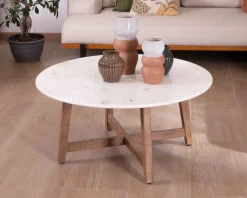 Discount Table ronde marbre 90 cm avec pieds obliques en manguier massif "Lor" Table Basse Ovale Ou Ronde