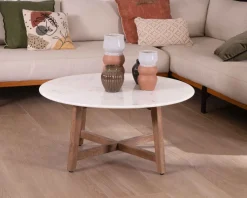 Discount Table ronde marbre 90 cm avec pieds obliques en manguier massif "Lor" Table Basse Ovale Ou Ronde