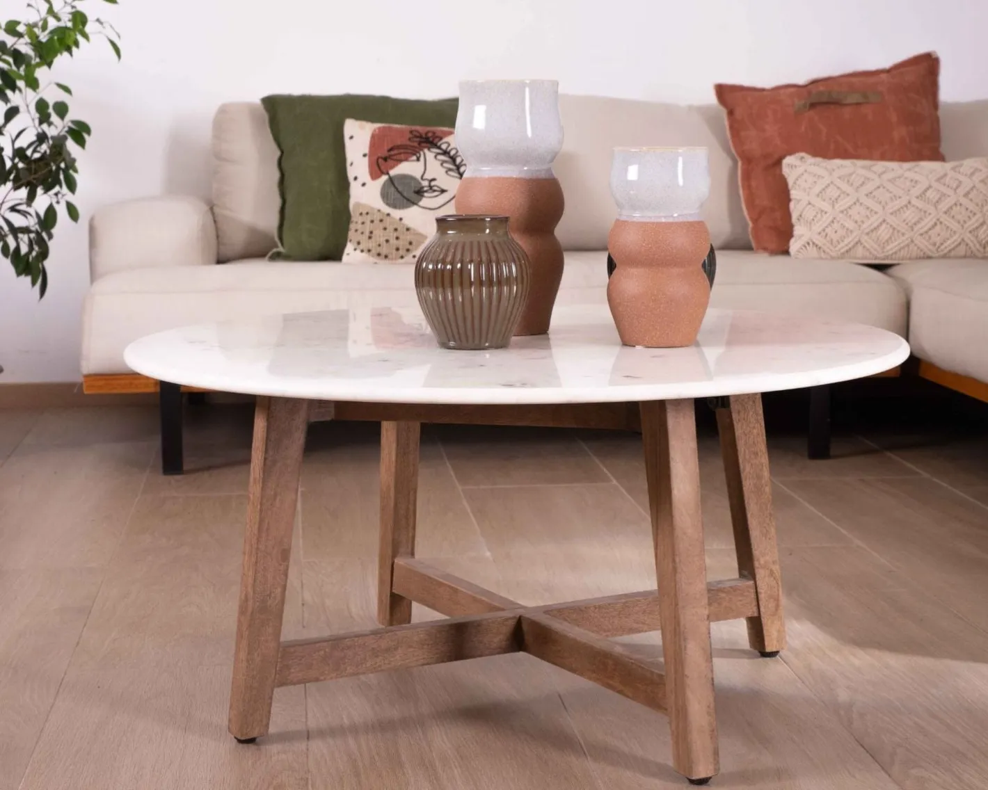 Discount Table ronde marbre 90 cm avec pieds obliques en manguier massif "Lor" Table Basse Ovale Ou Ronde