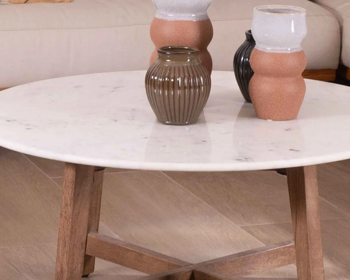 Discount Table ronde marbre 90 cm avec pieds obliques en manguier massif "Lor" Table Basse Ovale Ou Ronde