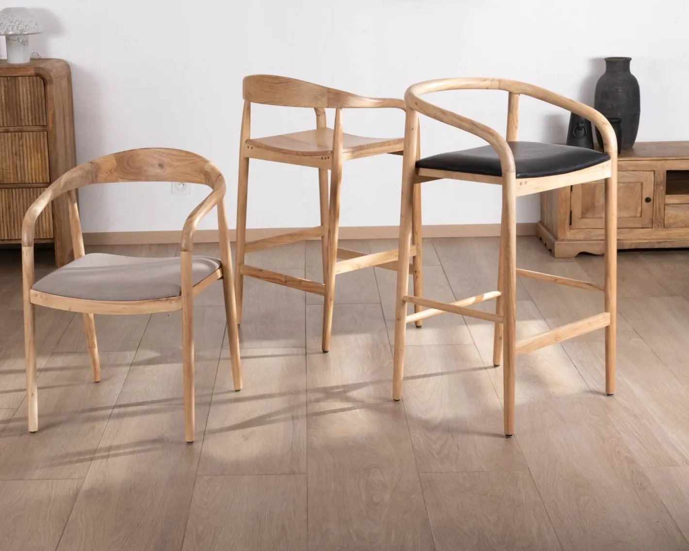 Outlet Tabouret de bar en acacia design épuré avec dosseret "Vogue" Tabouret De Bar