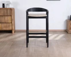 Online Tabouret de bar noir design avec dosseret bois et assise rembourrée "Vogue" Tabouret De Bar