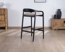 Online Tabouret de bar noir design avec dosseret bois et assise rembourrée 