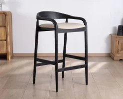 Online Tabouret de bar noir design avec dosseret bois et assise rembourrée 
